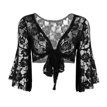 iEFiEL Womens Long Flare Sleeve Belly Dance Butterfly Lace Top Shrug Gymnastics Cover Up Cardigan Wraps for Stage Performance