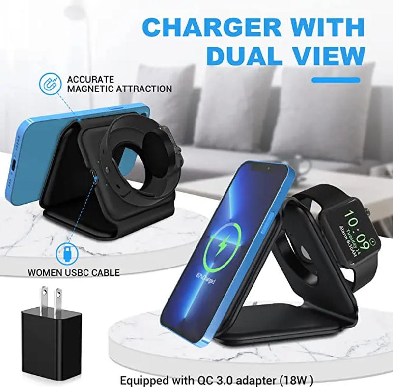 Description Picture 4 of item15W Foldable Wireless Charger Pad 3 in 1 Magnetic Fast Charging Station for iPhone 15 14 13 12 11 XR X 8 Apple Watch Airpods Pro