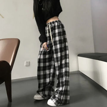 Rimocy Streetwear Plaid Baggy Pants Women 2023 Drawstring Wide Leg Trousers Woman Unisex Hip Hop Loose Straight Pants Female