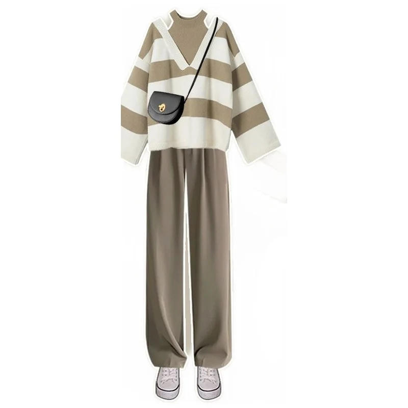 Description Picture 3 of itemWomen's Suits Khaki Fake Two-piece Loose Striped Sweater Wide Leg Trousers New Port Style Gentle Wear Two-piece Women's Clothing