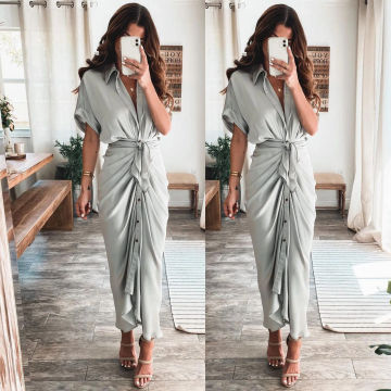 Elegant Party Dresses For Women Silk V Neck Long Dress Short Sleeve Wrinkle Belted Waist Shirt Dress сарафан женский летний