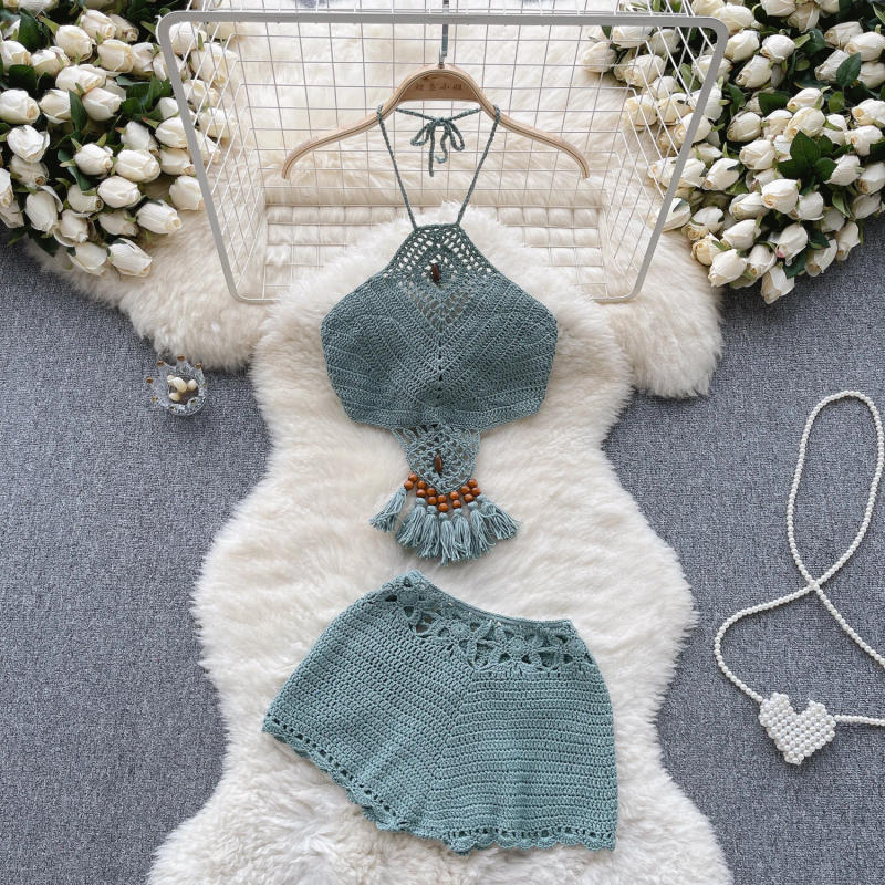 Description Picture 4 of itemSINGREINY Bohemian Knit Two Pieces Suits Women Lace Up Halter Tassel Backless Tops+Hook Flower Hollow Out Shorts Sexy Beach Sets