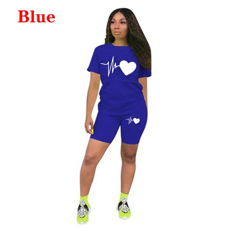 Description Picture 4 of itemSummer New Women Fashion Solid Color Print 2 Piece Sets Casual Sports Suit Short Sleeve T-shirt + Shorts S-3XL
