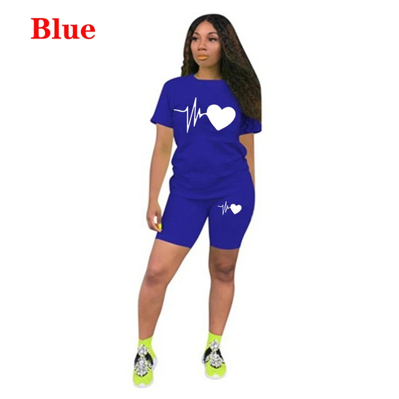 Description Picture 4 of itemSummer New Women Fashion Solid Color Print 2 Piece Sets Casual Sports Suit Short Sleeve T-shirt + Shorts S-3XL
