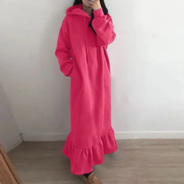 New Fashion Hooded Sweatshirt Dress Women Casual Solid Long Sleeve Ruffled Maxi Dresses Robe Autumn Winter Clothes Vestidos