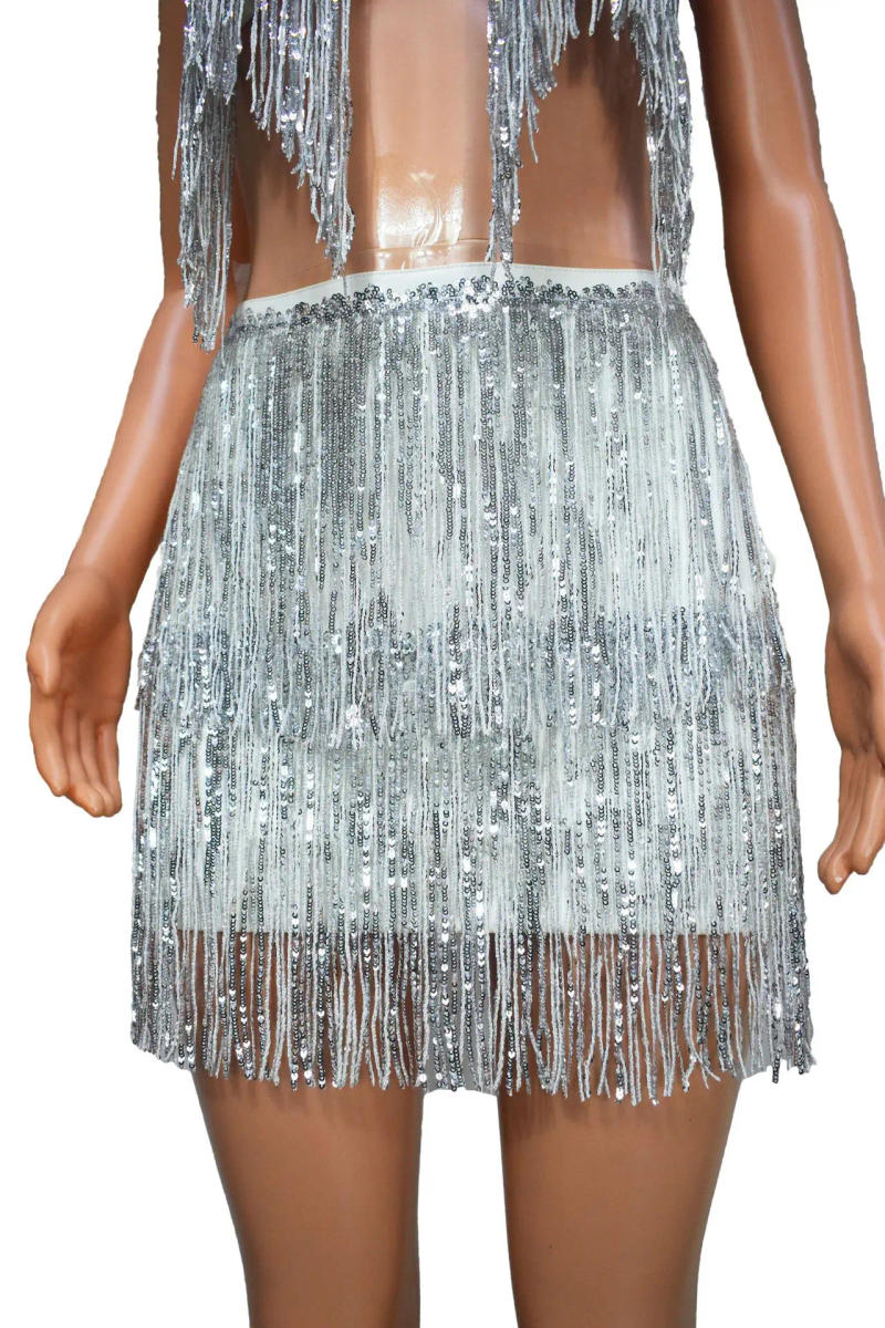 Description Picture 4 of itemTwo Piece Set Women Halter Crop Top Shorts Skirt Sets Matching Outfits Fringe Tassel Sexy Sequin Clothes  Backless Club