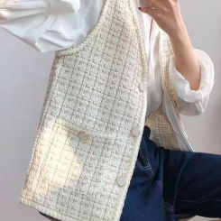 Zoki Japan Women Sweet Tweed Vest Fashion Fall Casual Elegant Vest Jacket Design Office Lady Loose V Neck Chic All Match Outwear