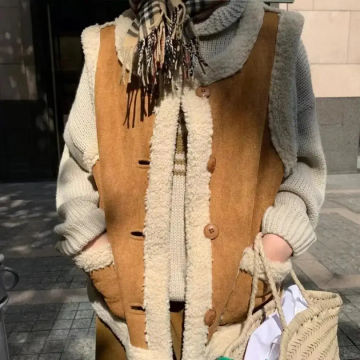 Women Faux Lamb Down Vest Korean Fashion Thick Warm Waistcoat Female Autumn Winter Vintage Sleeveless Reversible Outwear Jacket
