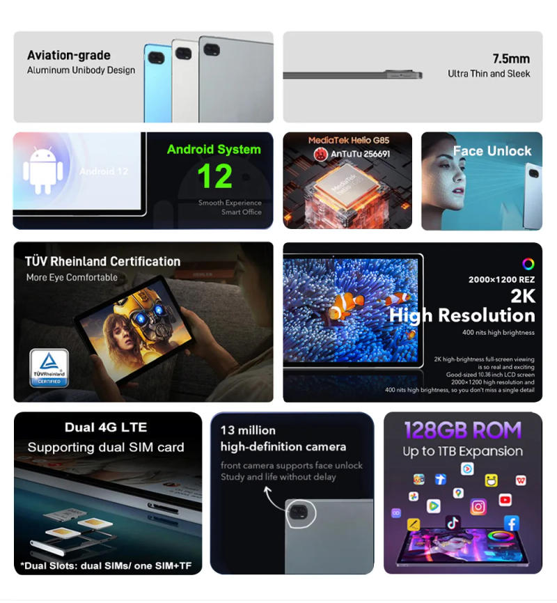 Description Picture 3 of item6GB 128GB Android 12.0 2 in 1 Tablet PC Tab 10 Tablet Pad 10.36'' FHD Display MTK Helio G85 Octa Core 13MP Tablette kids