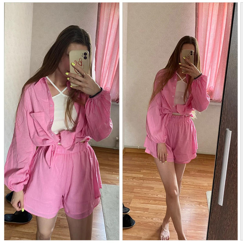 Description Picture 5 of itemMnealways18 Cotton Linen Women Summer Shorts Suits Holiday Lantern Sleeve Shirts And Hot Pants 2 Pieces Sets Women Chic Outfits