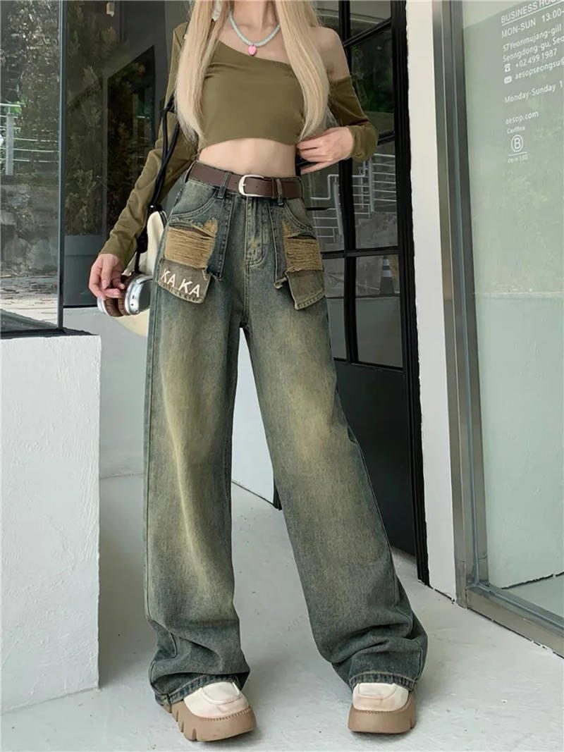 Description Picture 5 of itemJielur Vintage Holes Irregular Slim Women's Jeans Chic Pockets High Waist Loose Fashion Female Streetwear Y2k Wide Leg Pants