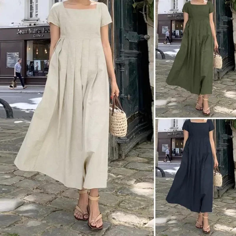 Description Picture 2 of itemDress for Women Cotton Blended Long Skirt Large Swing Sun Skirt Short Sleeve Square Neck Elegant Casual Long Pure Color Dress