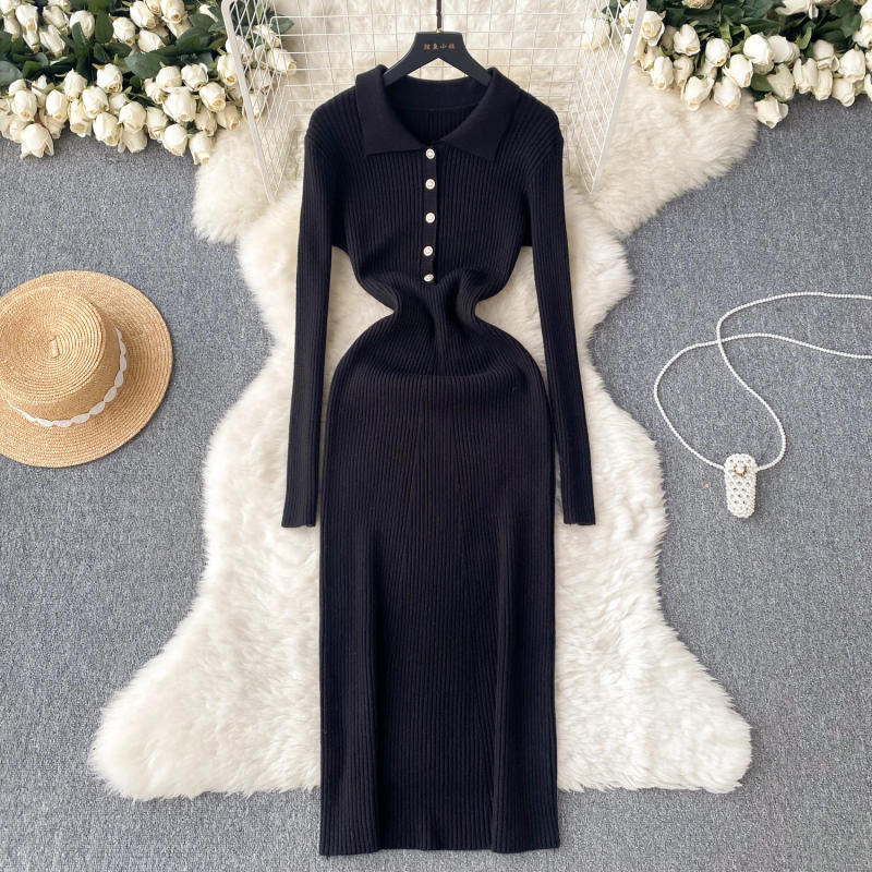 Description Picture 4 of itemSINGREINY Lapel Knit Long Dress Elegant Long Sleeve Button Elastic Waist Solid Fashion Ladies Casual Ribbed Sweater Dresses