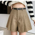 Retro Corduroy Pleated Shorts Skirt with belt Women Fall winter Slim Fit A-line Shorts Fashion All match wide leg Shorts