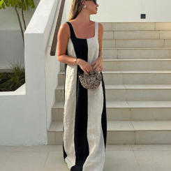 Fashion Black White Patchwork Maxi Dress Women Sleeveless Backless Square Neck Dresses 2023 Summer Lady Chic Streetwear Robe