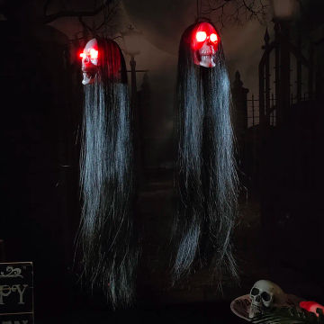 Halloween Hanging Ghost Skull with Long Hair Glowing Eyes Terror Skull Ghost House Head Skeleton Props 2023 Halloween Decoration