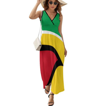 Guyana Flag Dress WomensElegant Maxi Dress V Neck Sleeveless Street Fashion Custom Boho Beach Long Dresses