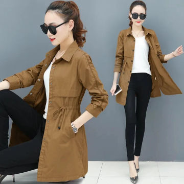 Korean Slim Drawstring Trench Coats Casual Women Windbreaker Spring New Mid-length Jacket Elegant One Piece Unlined Gabardina