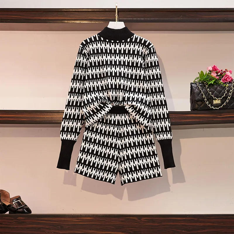 Description Picture 3 of itemTracksuit Women Pattern Jacquard Knitting Suits 2020 Spring Fall New Half Turtleneck Long Sleeve Sweater and Shorts 2 piece Sets