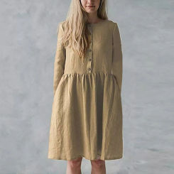 Cotton Linen Casual Dress Women's Plus-size Solid Color Round Neck Pocket Button Long Sleeve Dresses Plus-size Loose Dress Robe