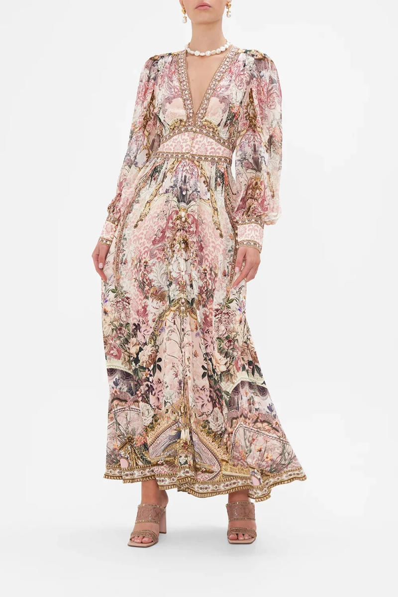Description Picture 2 of item2023 Autumn/Winter New Vintage Pink Flower Pattern Silk Print Gold Button Deep V-Neck Lantern Sleeve Long Dress woman maxi skirt