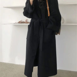 Cotvotee Black Coats for Women Autumn Winter 2023 New Fashion Lace Up Turn Down Collar Wool Coat Casual Long Sleeve Chic Jacket