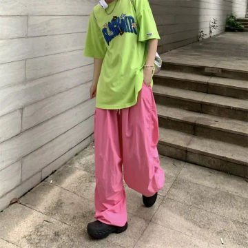 HOUZHOU Y2k Pink Wide Parachute Pants Women Harajuku Fashion Oversized Casual Joggers Korean Streetwear Baggy Sports Trousers