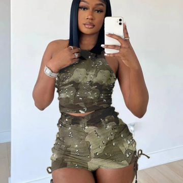 Summer Women Camouflage Print Set Two 2 Piece Outfits Rib Knit Vest and Drawstring Shorts 2023 Summer Slim Ladies Tracksuit