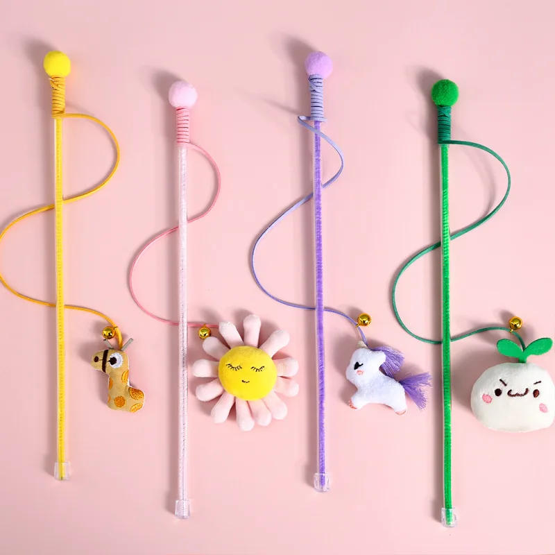 Description Picture 2 of itemCat Cartoon Plush Bell Funny Cat Stick Sun Flower Bean Sprout Pet Interactive Vocal Toy Cat Accessories Pet Kitten Toys