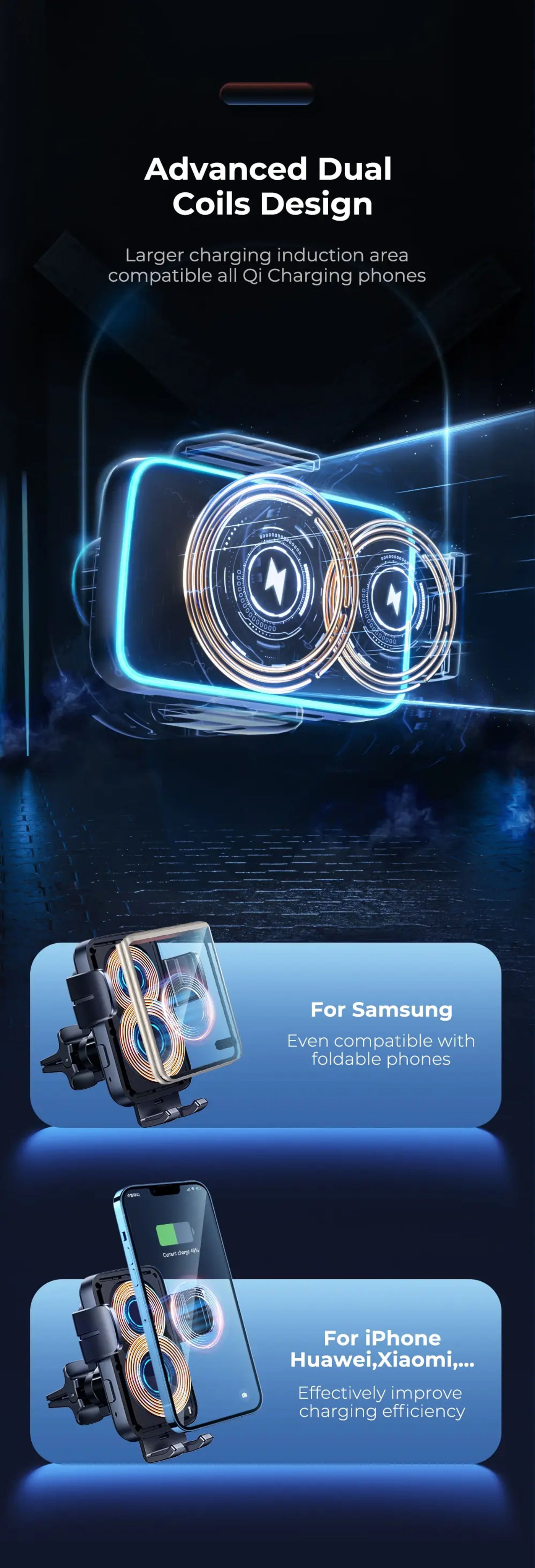 Description Picture 4 of itemJoyroom Dual Coil Qi 15W Car Phone Holder Mount Wireless Charging Automatic Phone Holder For iPhone Foldable Samsung Galaxy