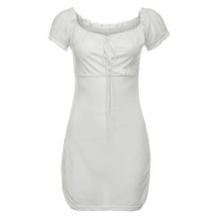 French Backless French Dress Sexy Temperament Square Neck Short Sleeved Monochromatic Frenulum Fold Wrap Hip Short Skirt Summer