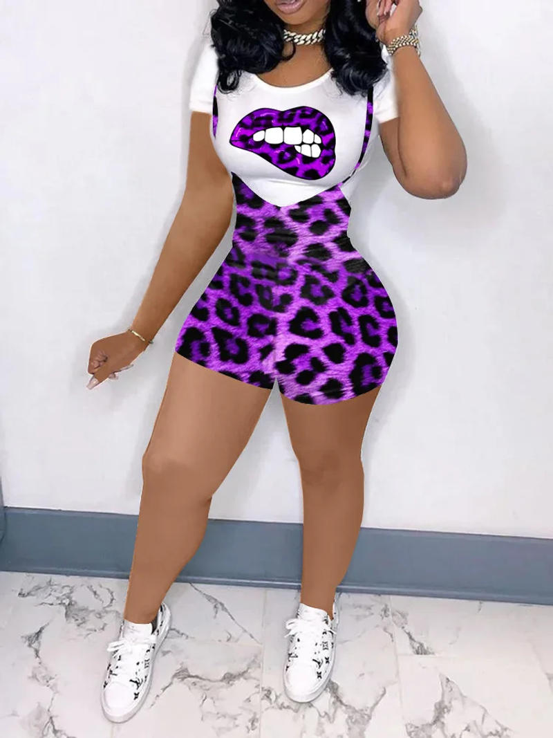 Description Picture 4 of itemEchoine Sexy Leopard Jogging Biker Shorts set Women Two Piece Set Short Sleeve Top And strap Short Pant Sets Clothes Outfit