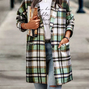 Autumn and winter new style women's lapel pocket plaid coat