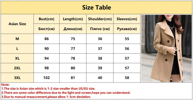 Description Picture 3 of itemAutumn Winter Plus Size Jacket Womens Double Breasted Solid Color Coat Korean Slim Female Woolen Jacket Womens