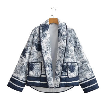 KONDALA Vintage Indie Folk Print Blue Coats Women Long Sleeve Open Stitch Oversized Jackets Fashion 2023 Autumn Winter Warm Coat