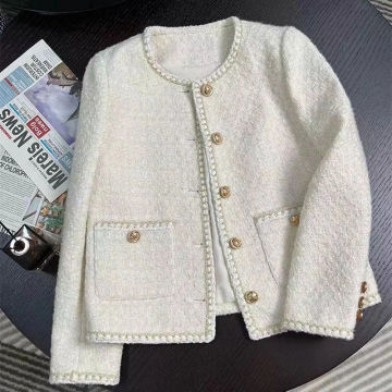 2023 Spring Autumn New Luxury Tweed Jacket Women Korean Chic Loose Single Breasted Short Coat Elegant White Tweed Cropped Jacket