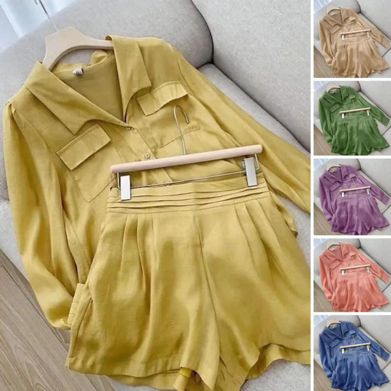 Description Picture 3 of item2Pcs/Set Women Shirt Shorts Lapel Patch Pockets Lady Top Shorts Set Single-breasted Loose Top Elastic Waist Shorts Set