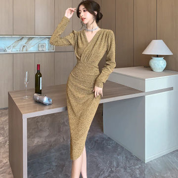 Korean Fashion Bright Slik Hip Wrap Dress for Ladies Autumn Winter Elegant Bodycon Prom Clothes 2023 Vintage Chic Evening Dress