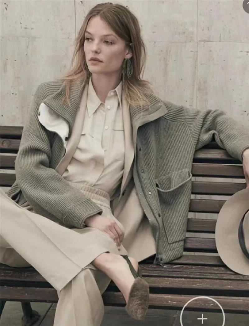 Description Picture 2 of itemB*C Women's Sequined Cashmere Knitted Jacket Casual Stand Collar Zipper Cardigan Top's 2023 New