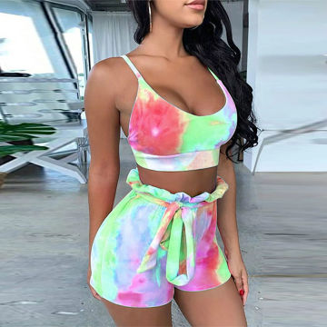 Summer Casual Fitness Shorts Sets 2 Piece Outfits Women 2023 Vacation V-Neck Sexy Crop Tops Fashion Thin Straight Shorts Suit