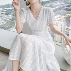 French White Long Dress For Woman Summer Bohemia Slim Beach Maxi Dress Short Sleeve V Neck Elegant Female Dresses Office Holiday