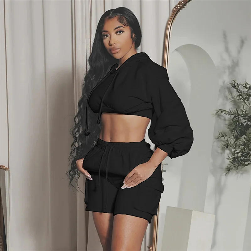 Description Picture 3 of itemCasual Solid Color Hooded Sweatshirt High Waist Hot Shorts Tracksuit Women Fitness Running Solid Pullover Hoodies Top Crop Pant