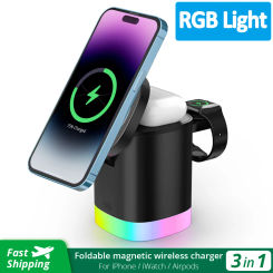 RGB Light 3 in 1 Magnetic Wireless Charger Stand For iPhone 14 13 12 Apple Watch 8 7 6 Airpods iWatch Fast Charging Dock Station