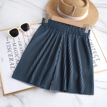 Summer Pleated Texture Striped Shorts Women's Elastic Elastic Waist Drape Basic Color Casual Soft Straight Ice Silk Sweatpants