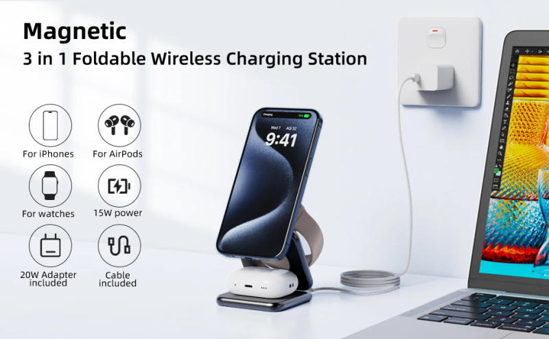 Description Picture 2 of itemKUXIU Magsafe Wireless Charger, 3 in 1 iphone Charger Foldable Holder for iPhone 15 14, 13, 12 Pro/Max/Plus, AirPods 3/2,iWatch