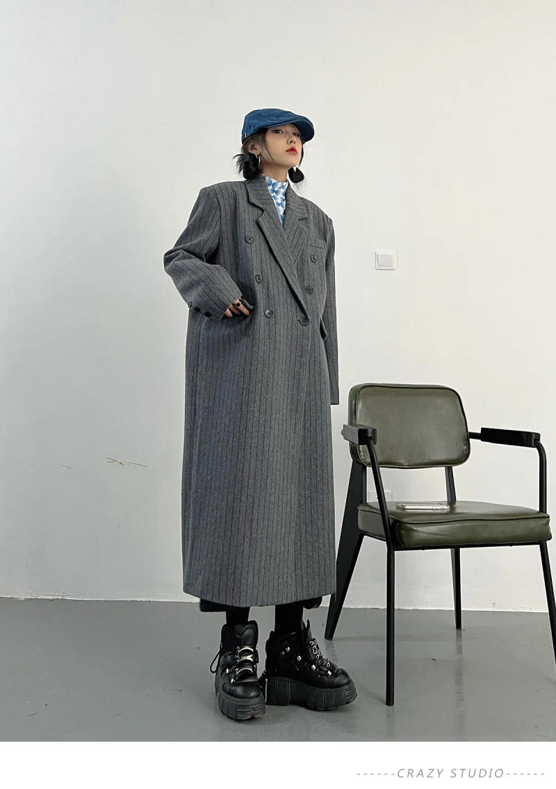 Description Picture 3 of itemBZVW Vintage England Style High-end Overcoat Women's 2023 Temperament Mid-length Striped Coat Female Autumn Winter New 25X2155