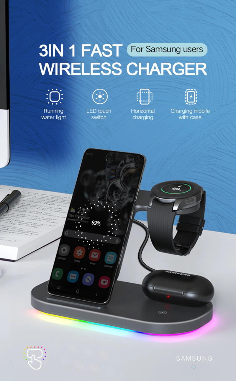 Description Picture 2 of item3 in 1 Wireless Charger Stand 15W Fast Charging for Samsung Galaxy S23 Ultra/S22/S21/S10 Galaxy Watch 6 5 Pro Active 2 Buds