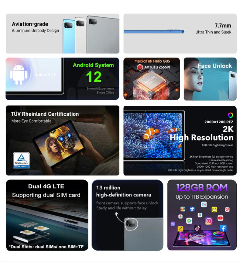 Description Picture 4 of itemGlobal Version Nenmone Pad 10.36 Inch 4G Tablet 2 In 1 Android 12 256GB MediaTek Helio G85 2K Display 13MP 7000mAh Battery