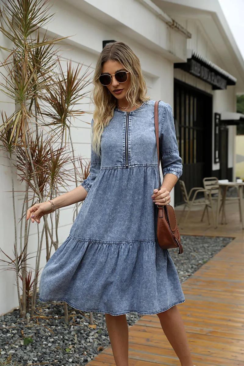 Description Picture 5 of itemBlack Dress Women 2023 Spring Summer Vintage Dress Solid Female Fashion Casual Blue Dress O-Neck Clothes Pullover Streetwear