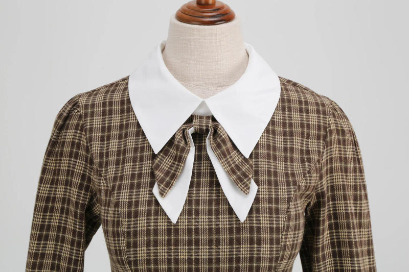 Description Picture 6 of item50s Hepburn Retro Vintage Casual Flare Dress with Bow Durn Down Collar Plaid Print Shirt 3/4 Long Sleeve Runway Midi Party Dress